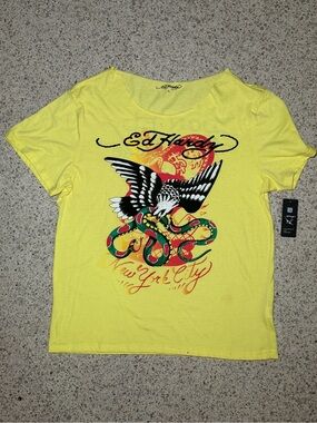 Ed Hardy Yellow Short Sleeve Tee with Eagle & Snake Graphic